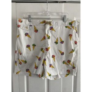 Vintage Ice Cream Cone Print Shorts Mens Size 34 White Novelty Retro Buckle